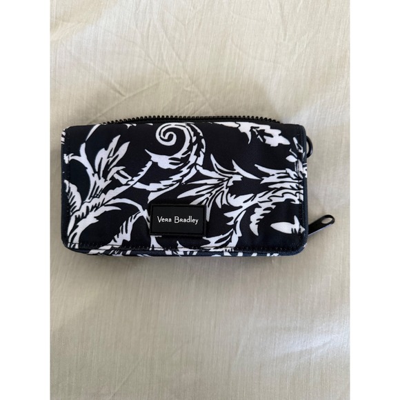 Vera Bradley Iconic RFID Wristlet Wallet Black White Floral Smartphone Zip Case - Picture 1 of 7